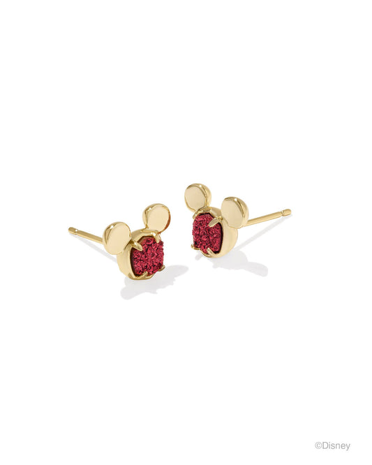 "Mickey" head stud earrings with bright red drusy stone in the center. gold metal