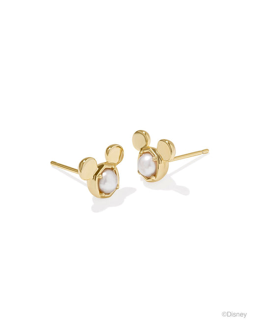 "Mickey" head stud earrings with white pearl stone in the center . gold metal