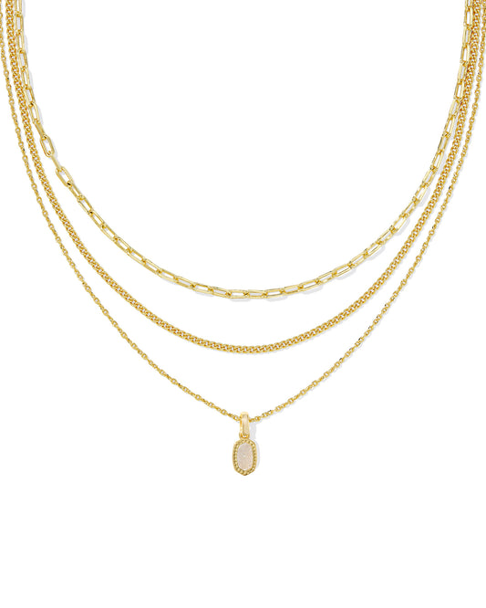 Gold Three Layered Chain Necklace, Thin Small-Link Chain, Thicker Large-Link Chain, Round-Link Chain With Oval Shaped Stone Pendant, Dimensions: 16" CHAIN WITH 4" EXTENDER, 0.54"L X 0.21"W PENDANT