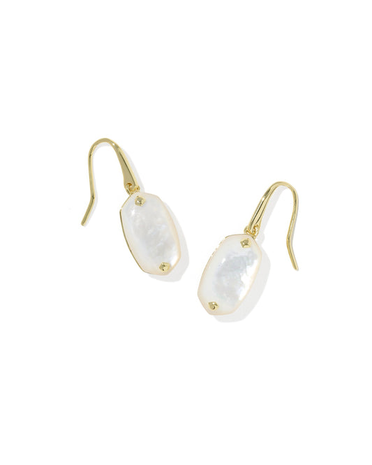 A pair of gold-tone drop earrings featuring organic-shaped, iridescent white mother-of-pearl stones, shown on a clean white background.