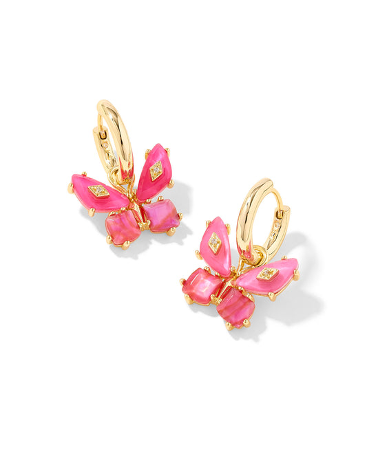 Gold huggie earrings with butterfly pendant. Gold pink mix stones in the shape of a butterfly.