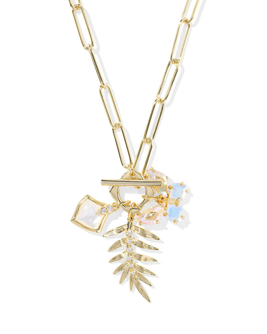 Gold charm like necklace with white iridescent stone butterfly charm, gold palm tree leaf charm, diamond shaped charm with white iridescent stone. Paper clip chain necklace.