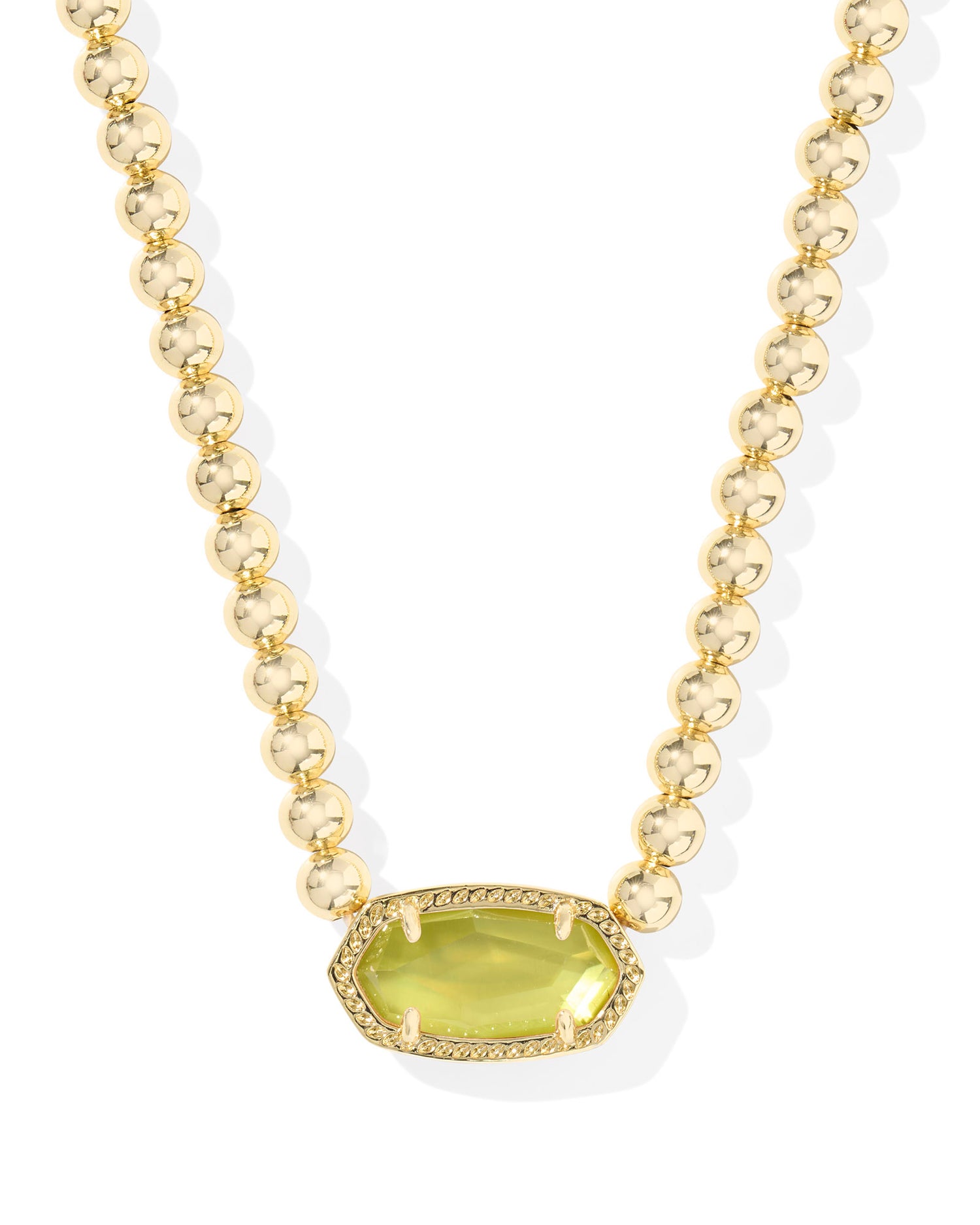 Light green elisa pendant on gold beaded necklace
