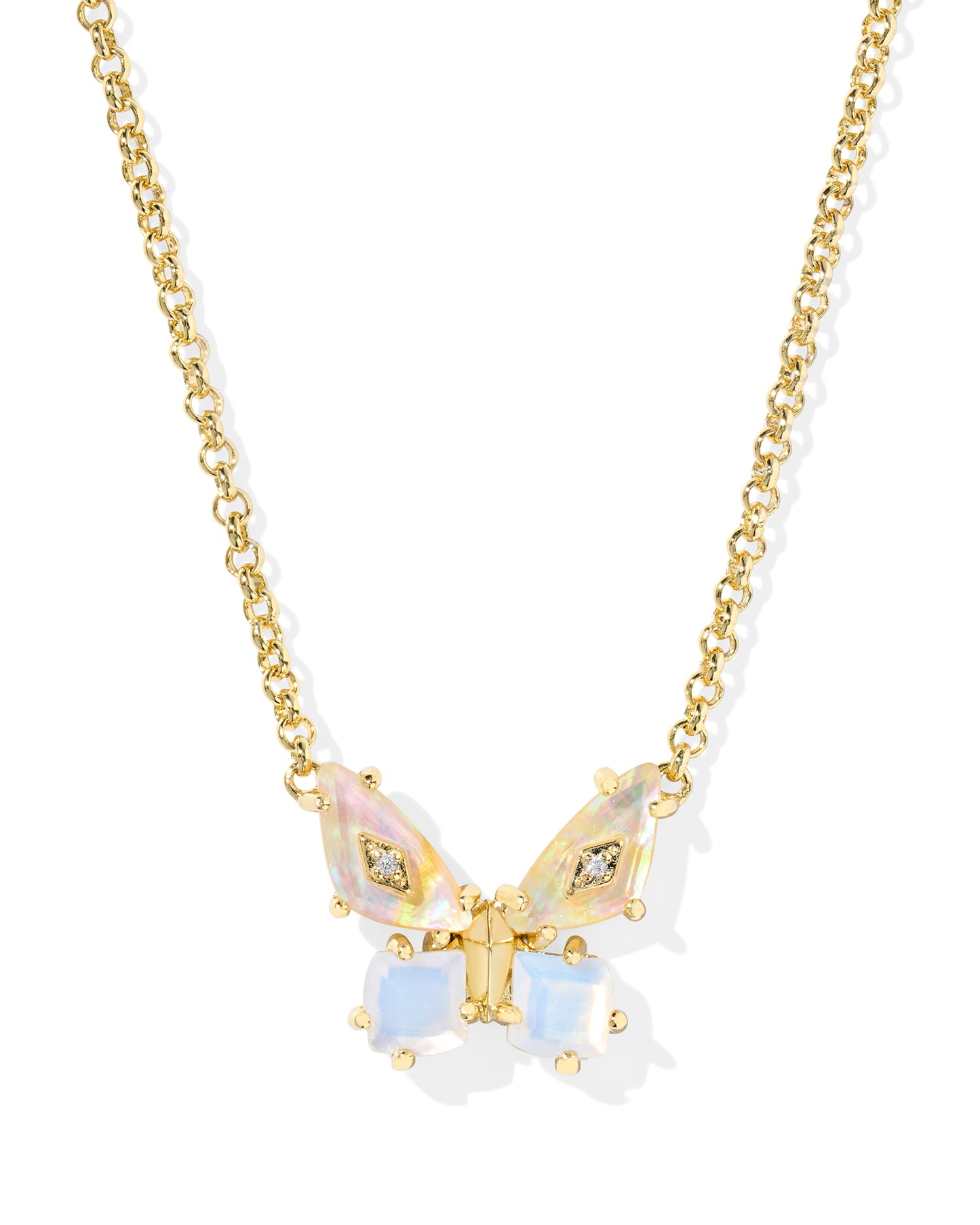 Butterfly pendant necklace. White mix of stones in the shape of a butterfly with gold accents. Gold chain with lobster clasp for closure and slider bead. 