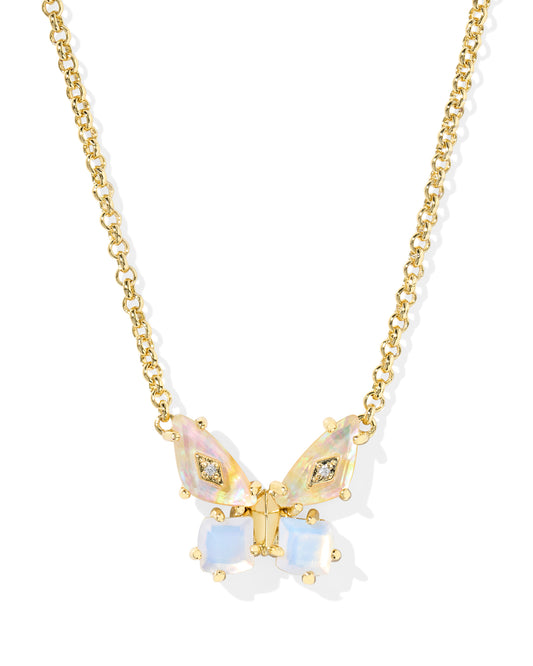 Butterfly pendant necklace. White mix of stones in the shape of a butterfly with gold accents. Gold chain with lobster clasp for closure and slider bead.