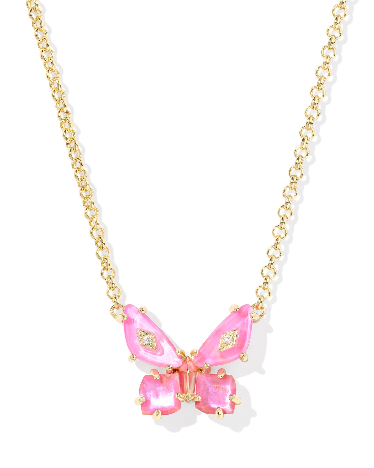 Butterfly pendant necklace. Pink mix of stones in the shape of a butterfly with gold accents. Gold chain with lobster clasp for closure and slider bead. 