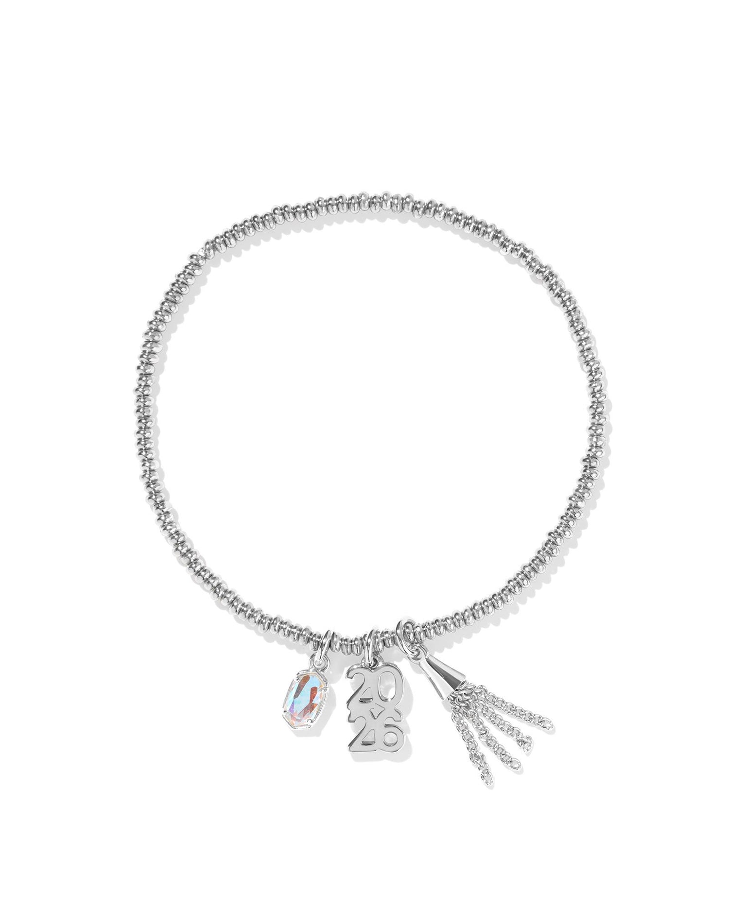 Silver Kendra Scott 2026 Graduation Stretch Bracelet, Three Charms; "2026", "Confetti Popper", And Iridescent Pendant, Dimensions: 6.5' UN-STRETCHED CIRCUMFERENCE 