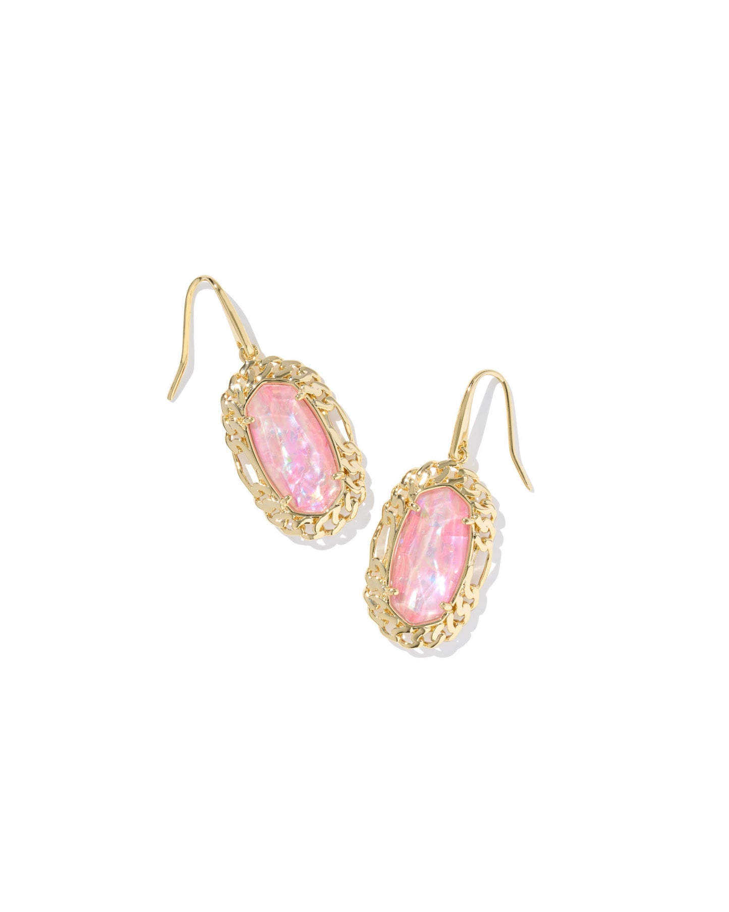 Gold earrings with small chain link wrap around a pink iridescent stone. 