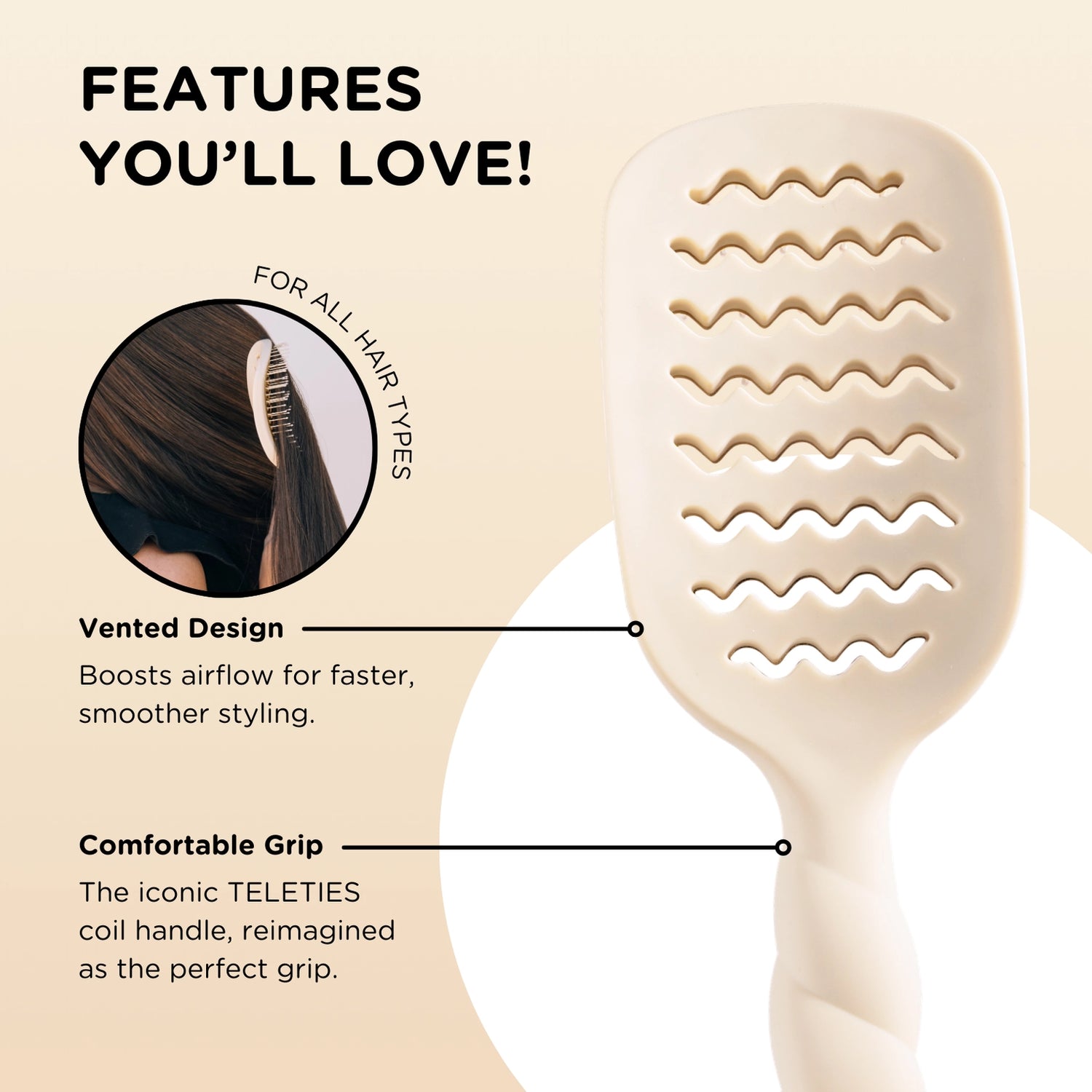 Oval hair brush, beige, textured handle with gold trim, vented design, comfortable grip, for all hair types. 