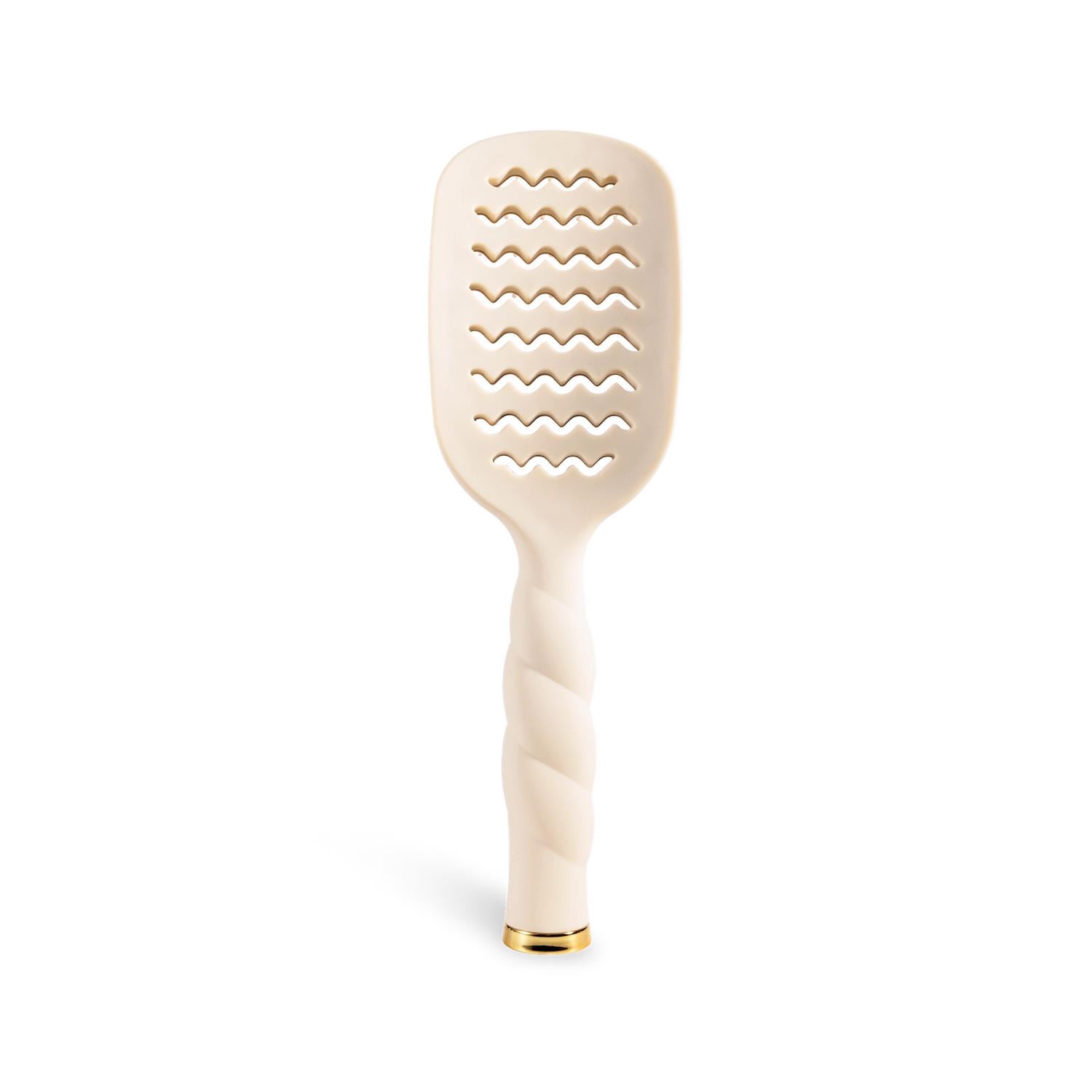 Oval hair brush, beige handle, gold  aluminum plate, gentle glide bristle, textured handle with gold trim, vented shown from the back.
