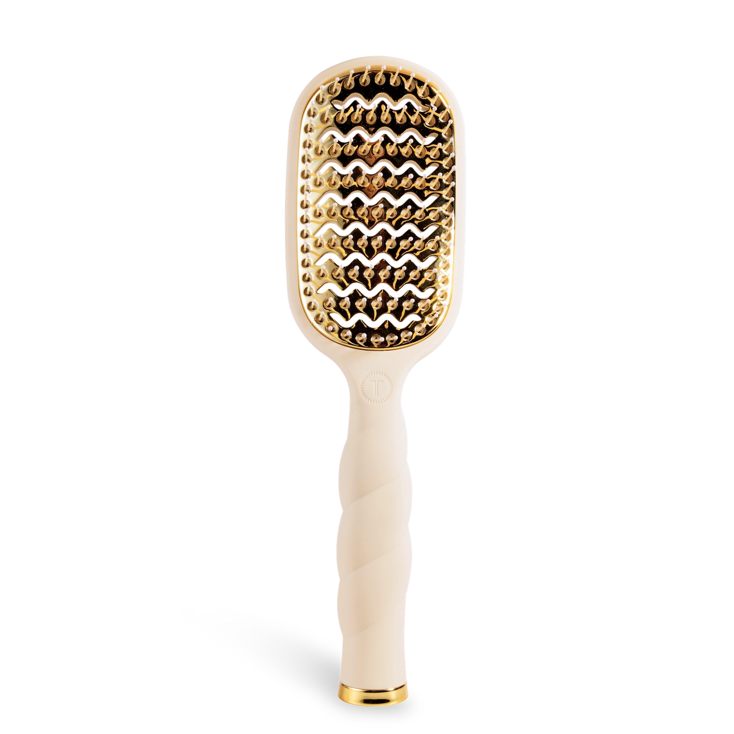 Oval hair brush, beige handle, gold  aluminum plate, gentle glide bristle, textured handle with gold trim, vented. 