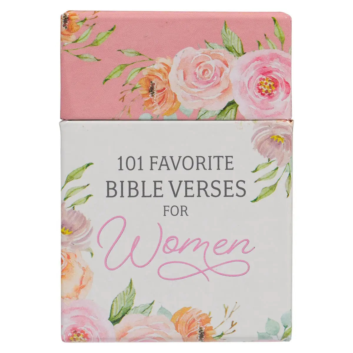 Pink floral design, Pink and gray printed text, 101 Favorite Verses for Women, Full-color printed cards and box, 51 double-sided cards, Scripture on both sides, Shrink-wrapped, Sturdy box with lid