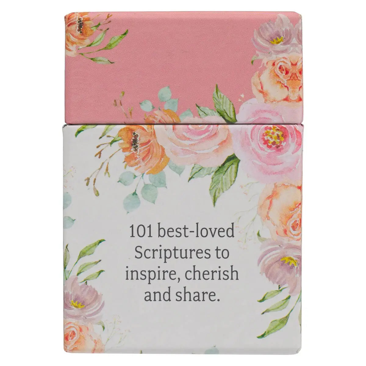 Pink floral design, Pink and gray printed text, 101 Favorite Verses for Women, Full-color printed cards and box, 51 double-sided cards, Scripture on both sides, Shrink-wrapped, Sturdy box with lid
