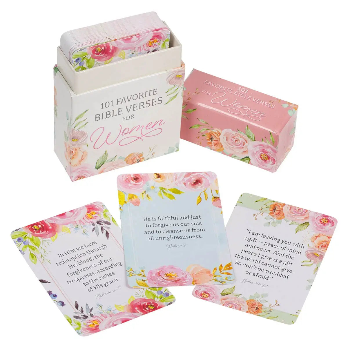Pink floral design, Pink and gray printed text, 101 Favorite Verses for Women, Full-color printed cards and box, 51 double-sided cards, Scripture on both sides, Shrink-wrapped, Sturdy box with lid