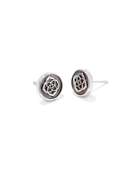 Circular shaped stud earrings with a marble background and a medallion in the center