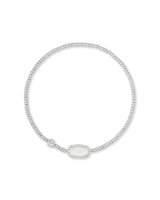 Silver beaded stretch bracelet with a pearl oval pendant and a larger Silver bead with a crystal center on it