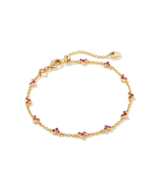 Gold, Adjustable, Dainty Bracelet with Small Pink Crystal Hearts