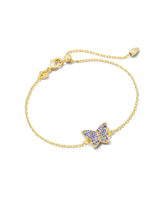 Featuring a stunning crystal butterfly shape at its center, the Lillia Crystal Butterfly Gold Delicate Chain Bracelet in Violet Crystal is a sweet and symbolic layer to add to your bracelet stack. This bracelet is 24K Gold plated over brass with violet crystals. 