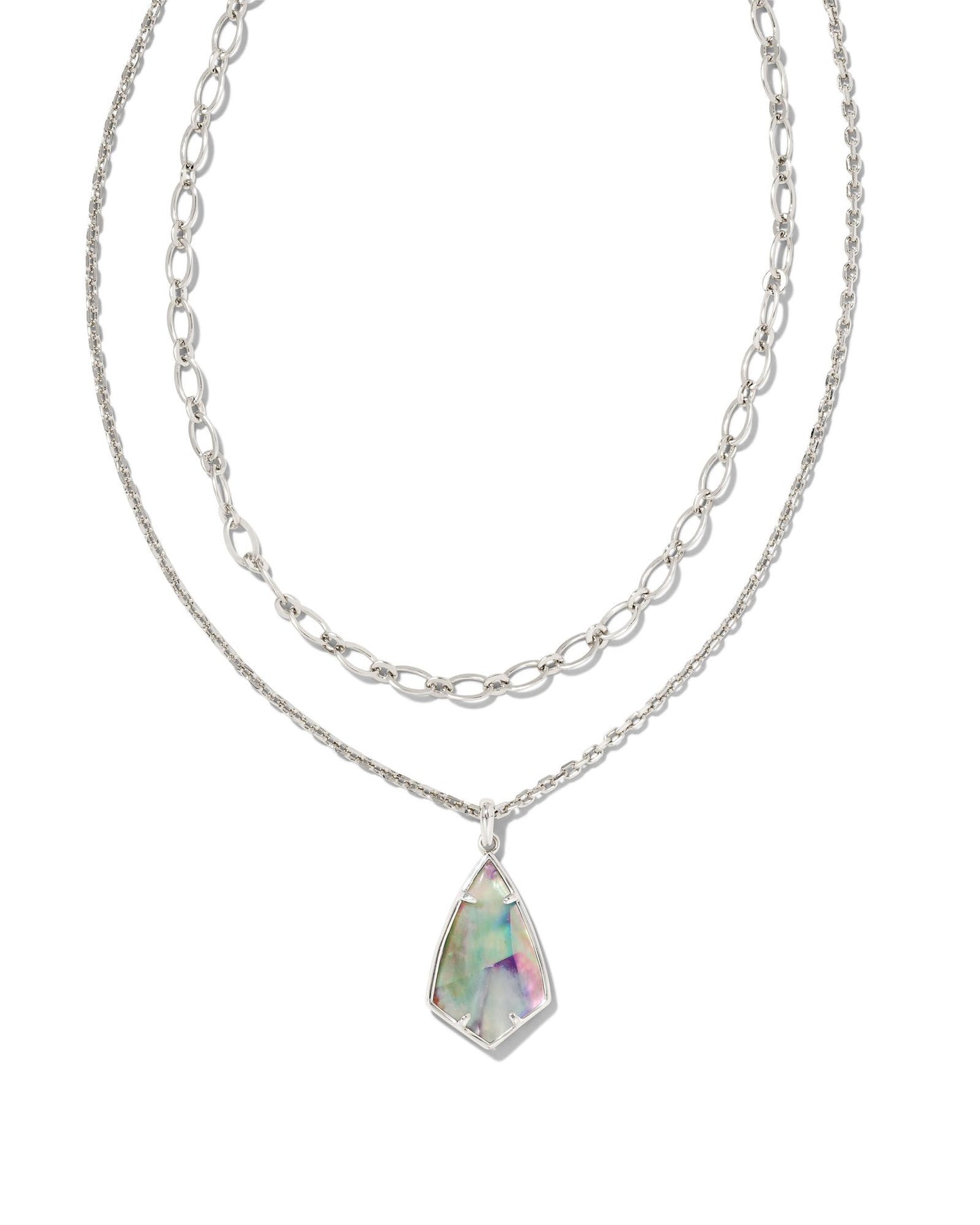 Our vintage (and much-loved!) Camry stone shape gets a modern update in the Camry Multi Strand Necklace. With two pre-layered chains and a gorgeous stone, this necklace makes staying on trend easier than ever. This metal is 24k rhodium plated over brass with an iridscent abalone stone. 