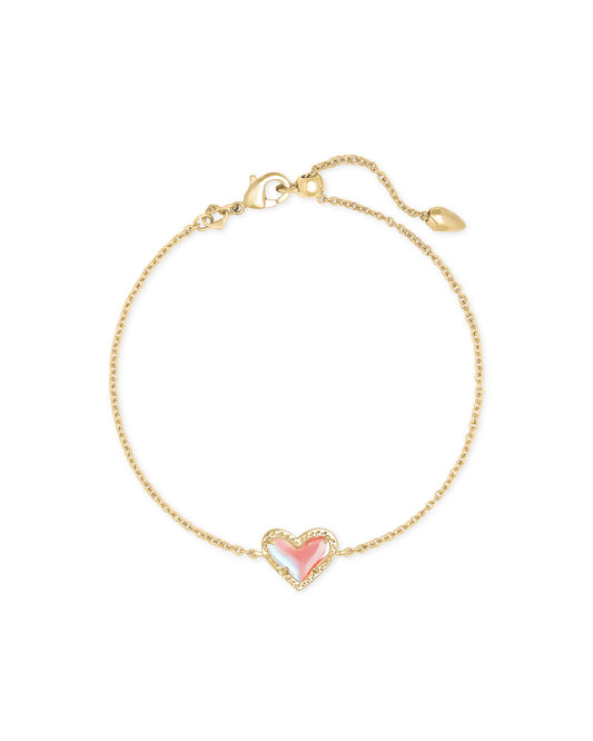 Gold bracelet with heart gold dichroic glass pendant and clasp