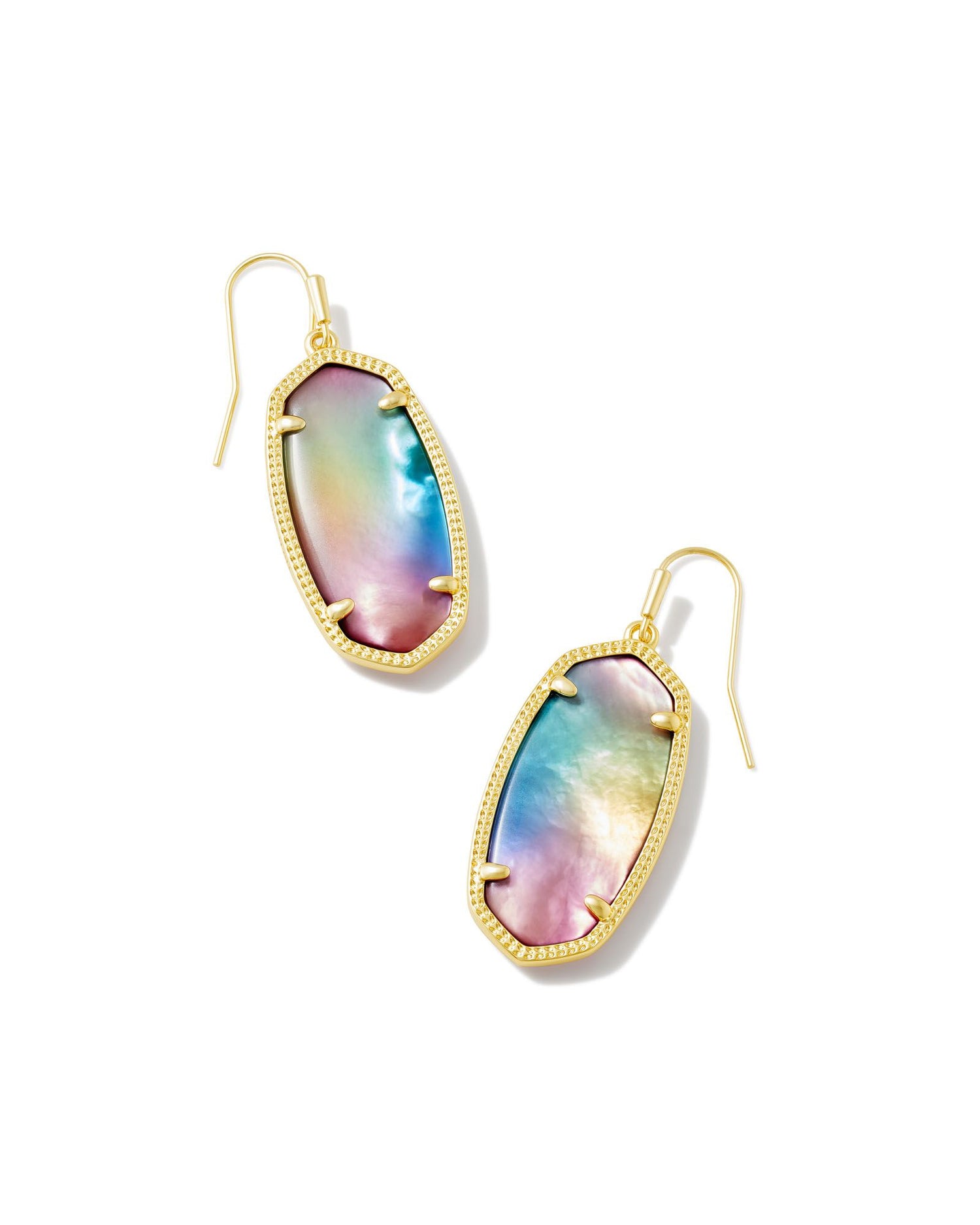 A best-selling icon designed after our signature statement shape, the Elle Gold Drop Earrings in Yellow Watercolor Illusion are inlaid with a genuine custom-cut stone. The metal is 24K Gold plated over brass. 