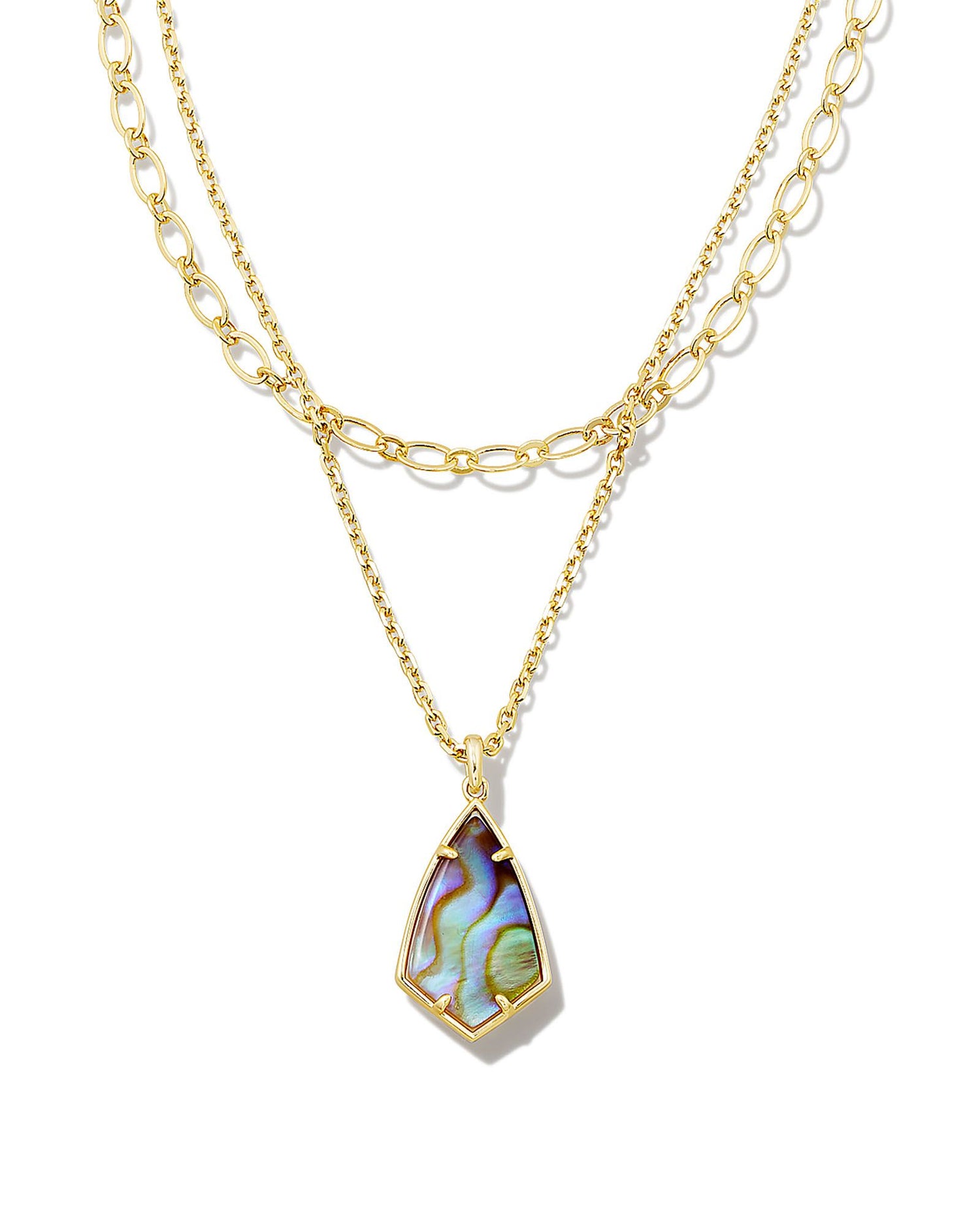 Our vintage (and much-loved!) Camry stone shape gets a modern update in the Camry Multi Strand Necklace. With two pre-layered chains and a gorgeous stone, this necklace makes staying on trend easier than ever. This metal is 24k gold plated over brass with an iridescent abalone stone. 
