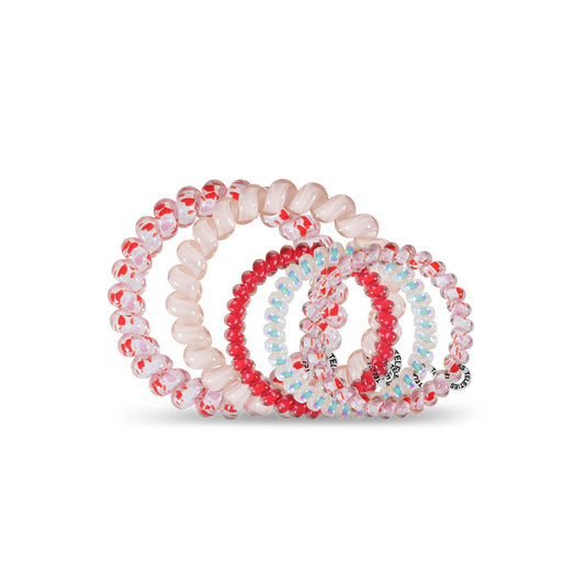 This five pack includes 3 smalls and 2 larges. Pink white, red and blue 
