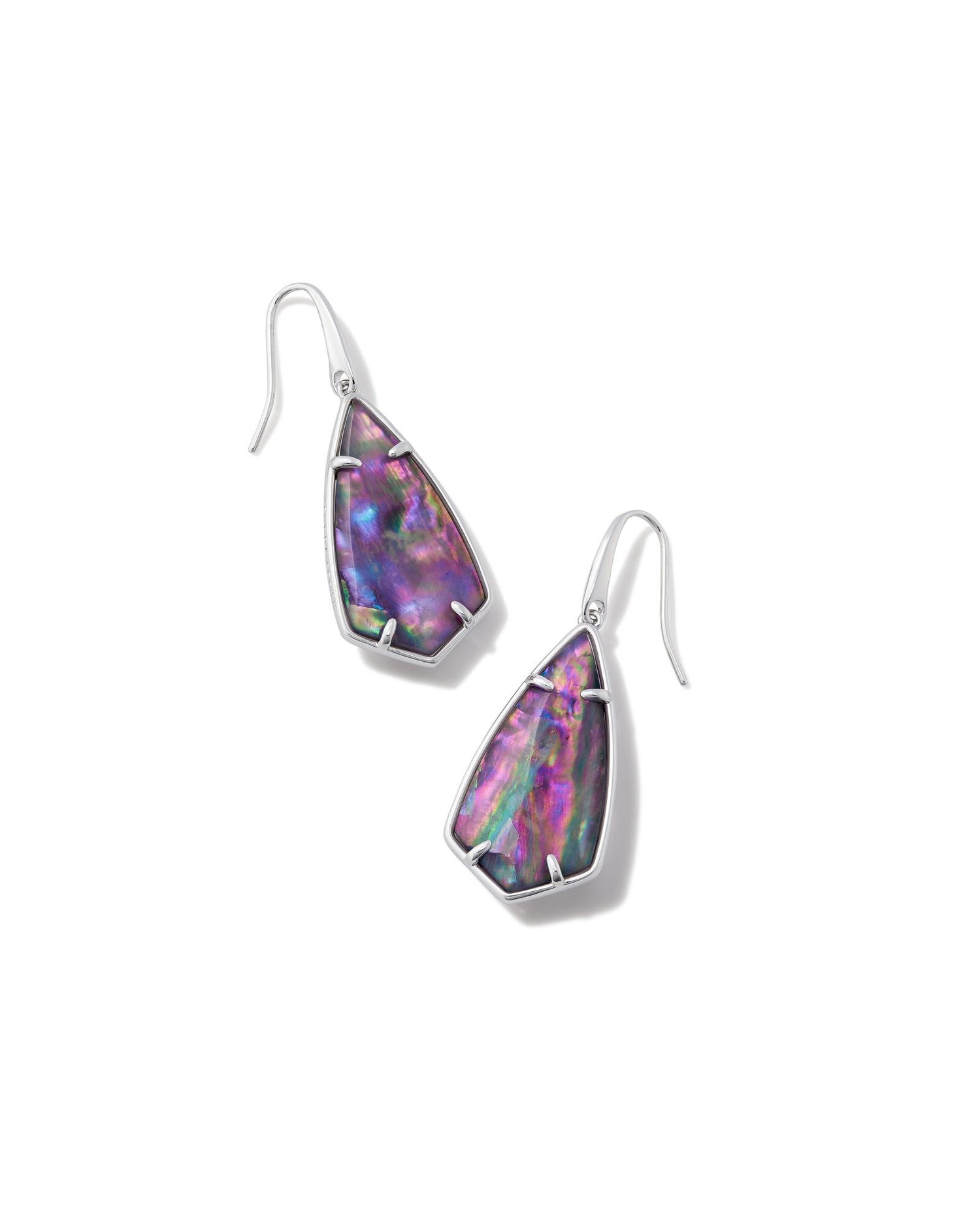 With their elongated, face-framing silhouette, the Camry Gold Drop Earrings look good on everyone. Featuring our archival Camry stone shape with a sleek new metal frame, these earrings add the finishing touch to any outfit. This metal is 24k rhodium plated over brass with purple abalone colored stones. 