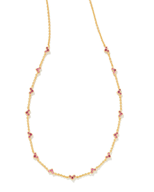 Gold, Dainty Necklace with Small Pink Crystal Hearts