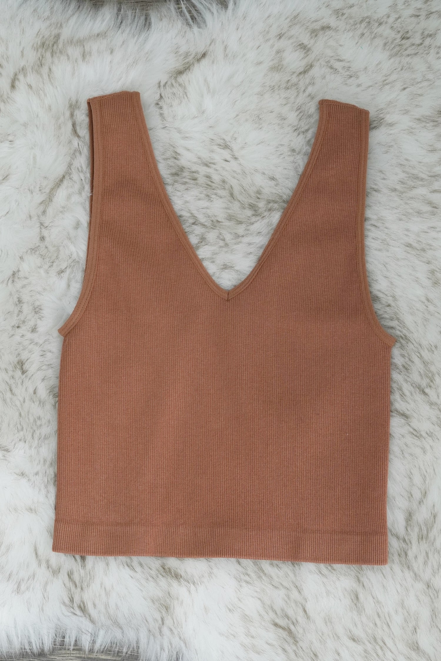 Beautiful basic Cropped Tank V-Neckline Sleeveless Ribbed Material Colors: Ginger  Fitted Cropped 72% Modal, 24% Nylon, 4% Spandex