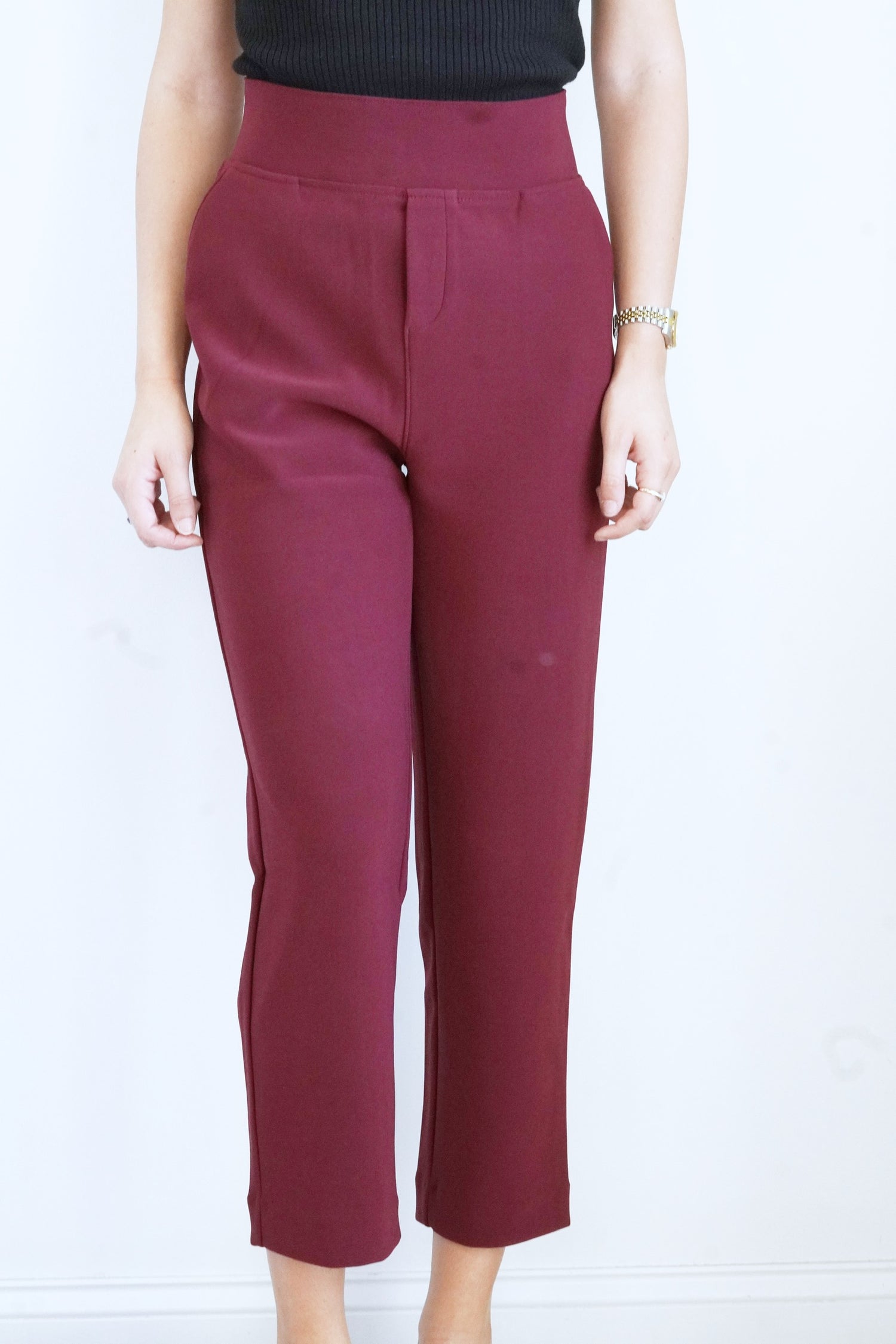 Serenity Sleek Dress Pant Thick Elastic Waistband Ankle Length Fitted Colors:  Burgundy Side Pockets 97% Polyester, 3% Spandex
