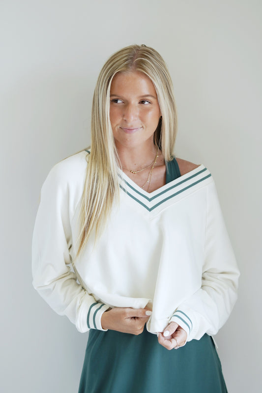 Olivia Off The Court Modal Sweatshirt V-Neckline w/ Two Thin Green Stripes Long Cuffed Sleeves Sandstone Color Skimmer Length Relaxed Fit