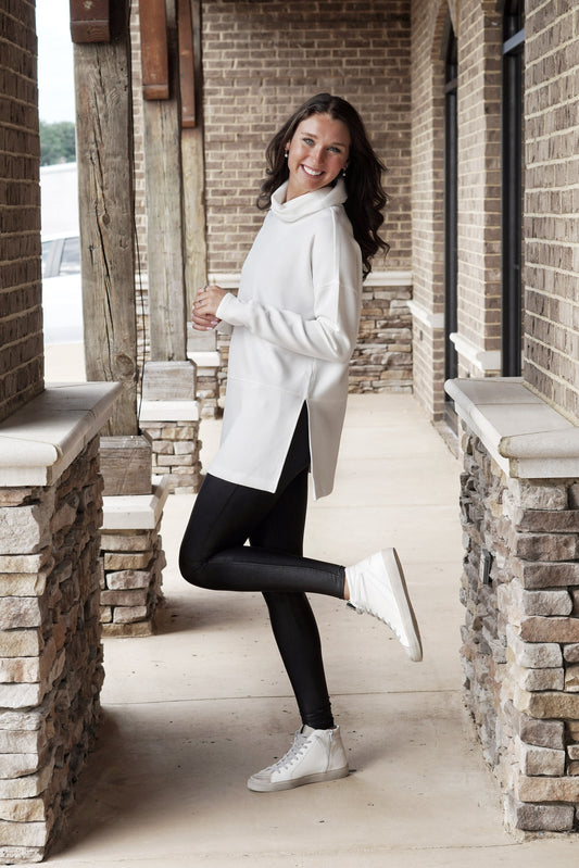 Spanx AirEssentials Turtleneck Tunic Relaxed Turtleneck Long Sleeves Side Slits Full Length Relaxed Fit Colors: White 47% Modal, 46% Polyester, 7% Elastane