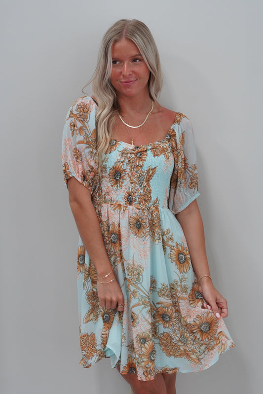 Finley Flower Dress Square Neckline Short Elbow Length Sleeve Knee Length A-Line Fit 100% Polyester Hand Wash 