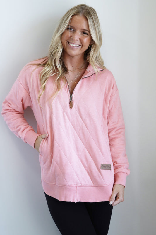 Kenz Quarter Zip Quilted Pocket Pullover Zip Up Collared Neckline Long Cuffed Sleeves Quilted Fabric Color: Pink Ribbed and Raw Hemline Full Length  Relaxed Fit 50% Polyester, 50% Cotton