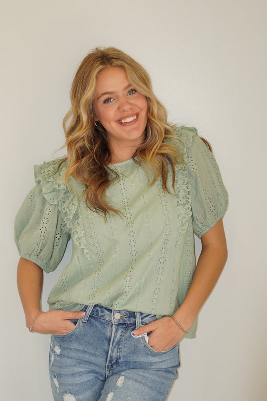 Sage Puff Sleeve Lace Top