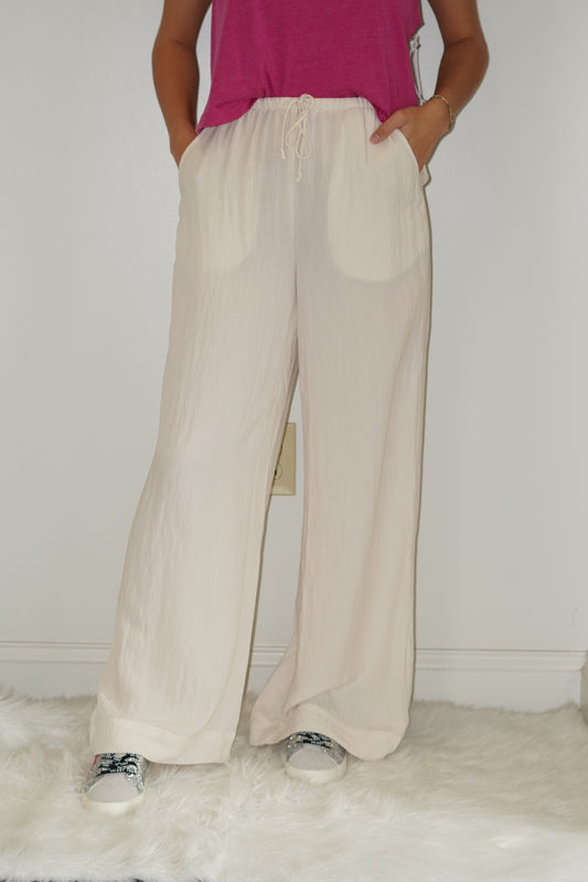 Samantha Seashore Beach Pant Drawstring Wastband Ivory Color Relaxed Fit Full Length Pockets