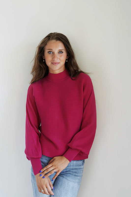 Tay Turtleneck Knit Sweater Turtleneck Neckline Loose Long Cuffed Sleeves Double Knit Fabric Fuchsia Full Length Relaxed Fit 59% Rayon, 28% Nylon, 13% Polyester