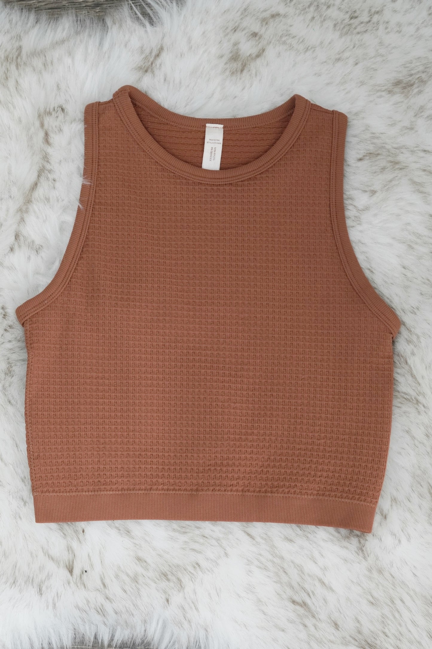 Tulla Textured Tank Top Round Neckline Sleeveless Textured Material Colors: , Ginger Fitted Cropped 92% Nylon, 8% Spandex