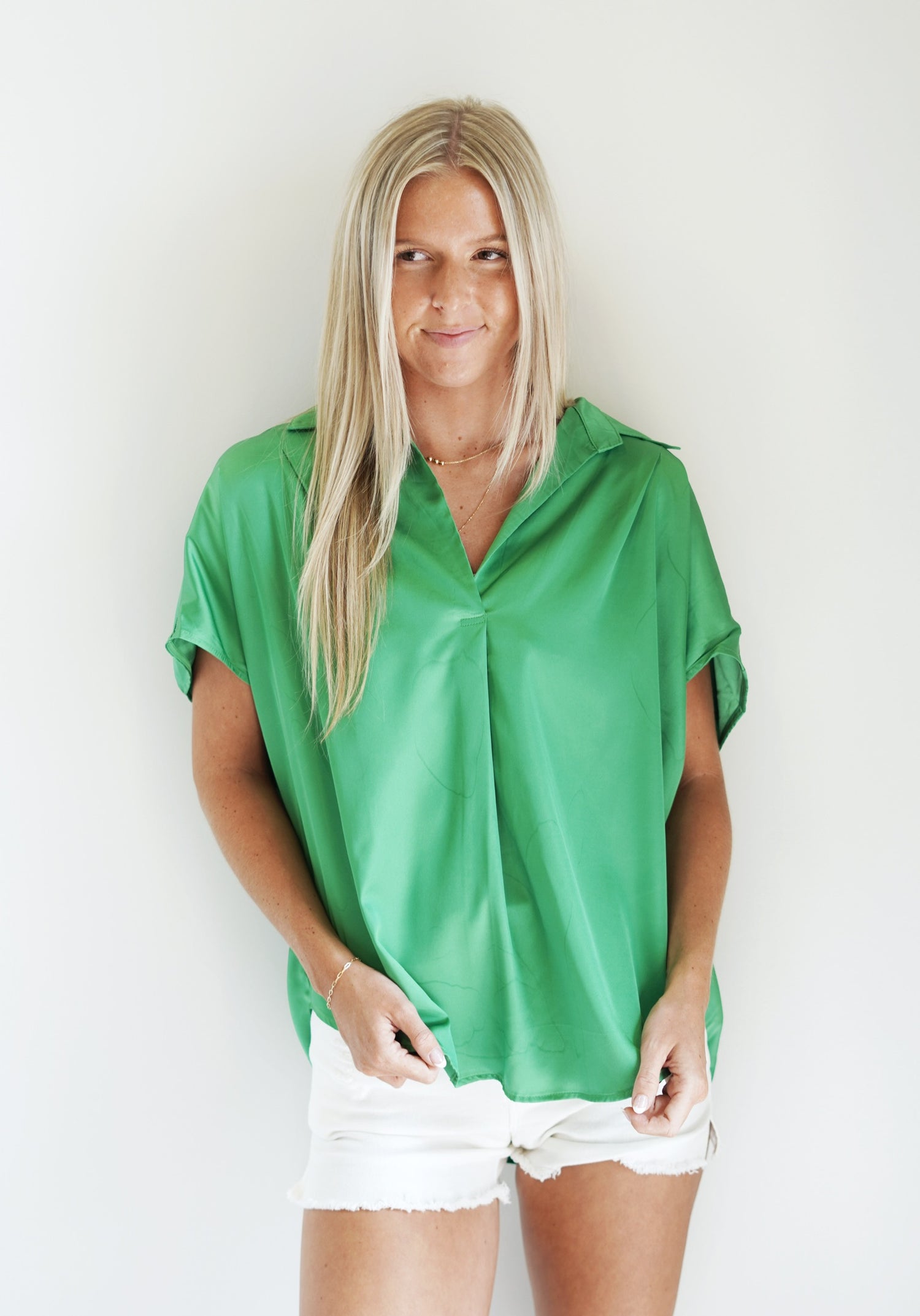 Celia Satin Collared Blouse Collared Neckline Short Cap Sleeve  Satin Material Green Color Loose Fit Full Length 100% Polyester