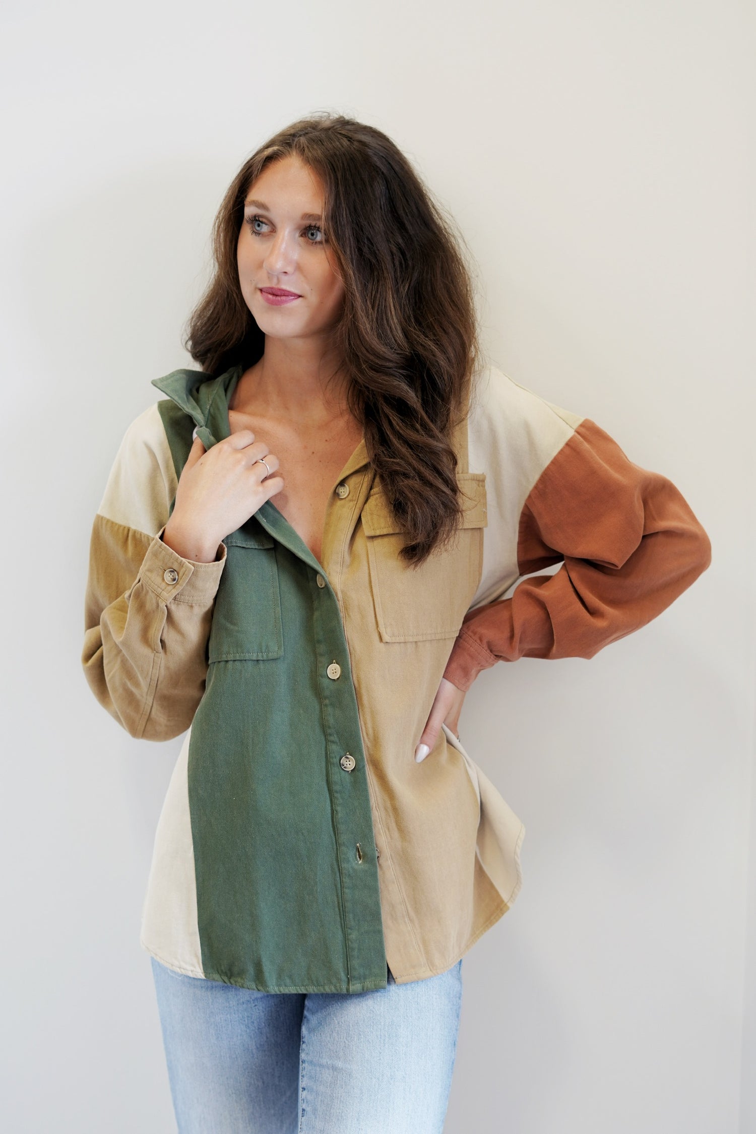 Amber Color Block Shacket Collard Neck Button up  Color: Hunter Green Mixed 100% Cotton Hand Wash Cold,Do Not Wring Or Twist, Use Only on Chlorine Bleach, Line Dry, Low Iron If Needed, May Be Dry Cleaned Model is wearing size: Small