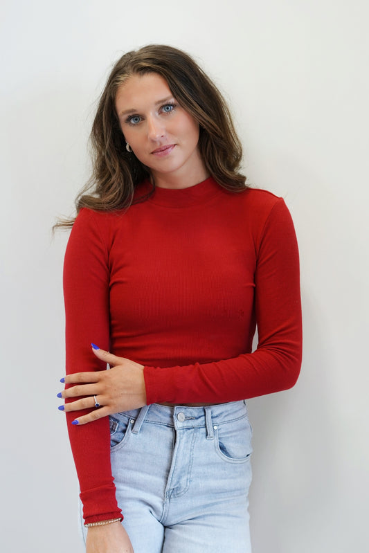 Rori Ribbed Mock Neck Top Mock Neckline Long Sleeves Ribbed Knit Fabric Red Color Fitted Skimmer Length 93% Cotton, 7% Spandex