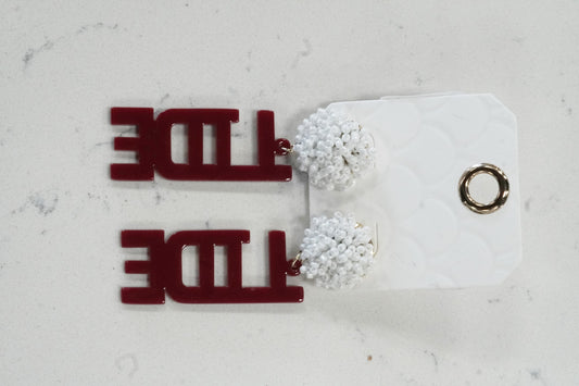 Roll with the Tide Earrings Beaded Pom Pom Stud  Red Lettering Vertical Hanging Charm Roll