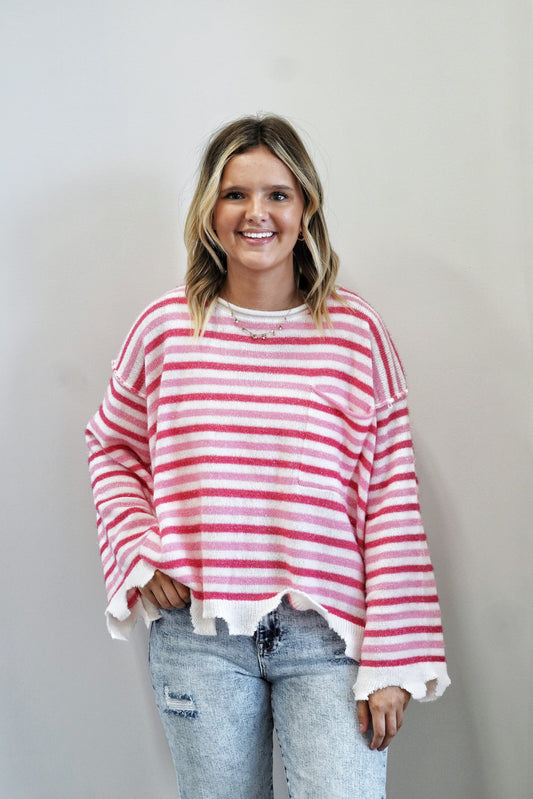 Shimmer Multi Stripe Sweater Round Neckline Long Sleeve Pink And White Striped Sweater Pocket Detail Color/ Pink, White Loose Fit Waistline Length 100% Polyester