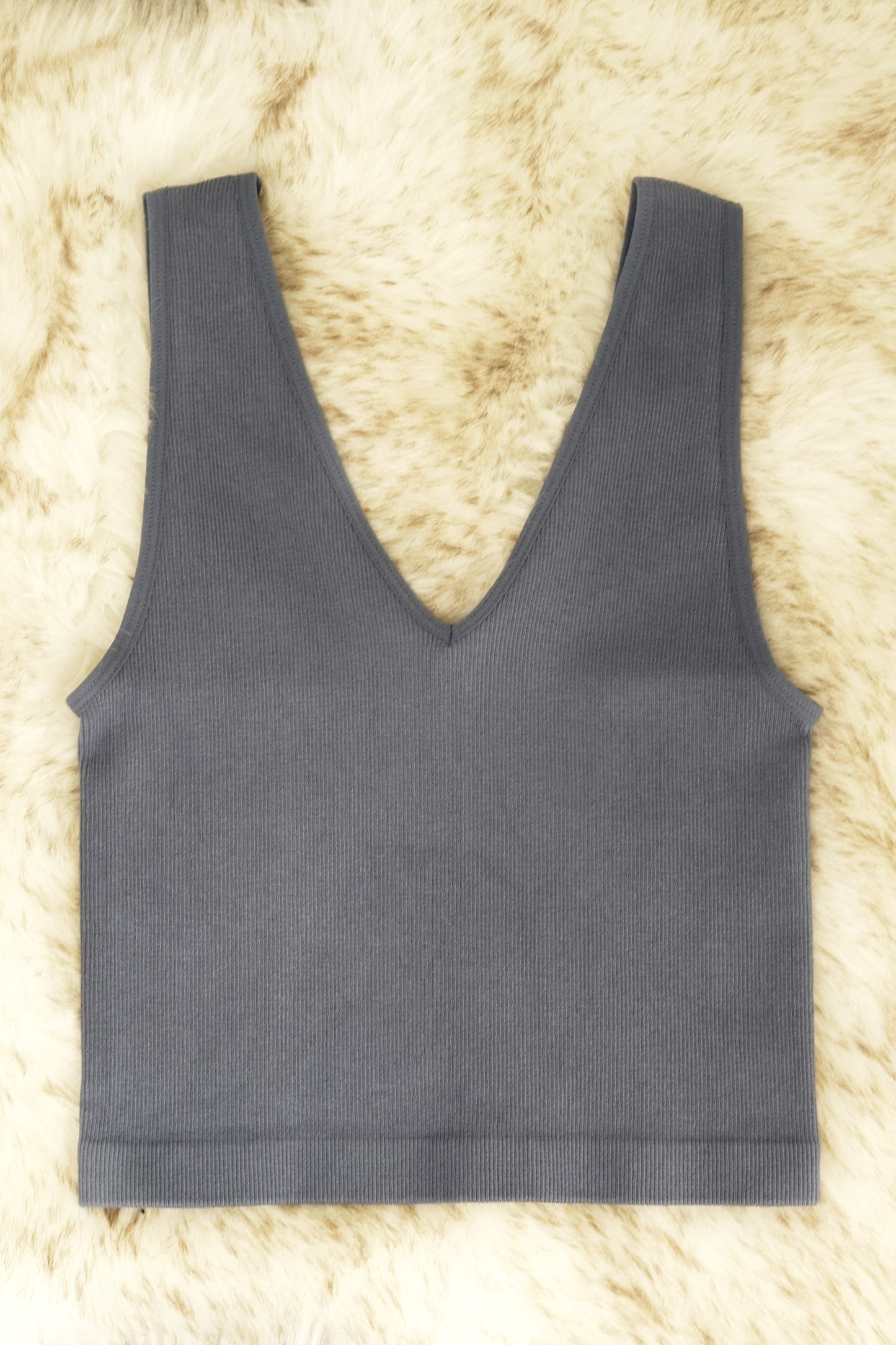 Beautiful basic Cropped Tank V-Neckline Sleeveless Ribbed Material Colors: Blue,  Fitted Cropped 72% Modal, 24% Nylon, 4% Spandex