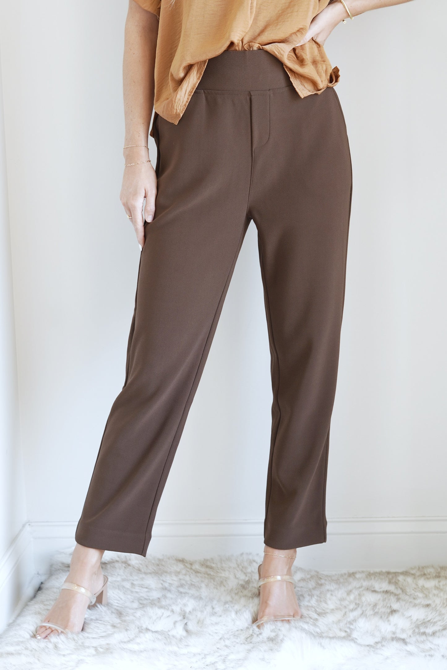 Serenity Sleek Dress Pant Thick Elastic Waistband Ankle Length Fitted Brown Side Pockets 97% Polyester, 3% Spandex