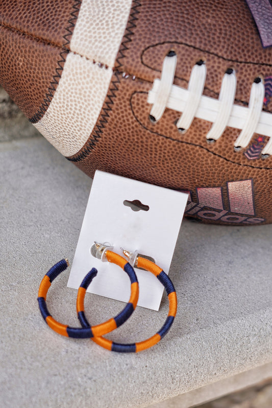 Football Saturdays are upon us!! These earrings are for you if you love to add some Team Pride colors to your outfit!!  Offense Thread Wrapped Hoop Earrings Post Stud Back orange and blue thread