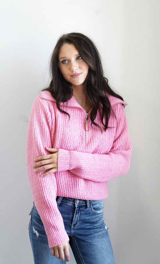 Pretty in Pink Plush Pullover Quarter Zip Collar Neckline Long Sleeves Double Knit Plush Fabric Color: Hot Pink Full Length Relaxed Fit 100% Polyester