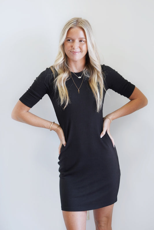 Carolina Half Sleeve Mini Dress Short Half Sleeves Round Neckline Colors: Black, Brown Slim Fit Machine wash cold, gentle cycle, wash with like colors, do not bleach, lay flat to dry, warm iron if needed 95% Rayon 5% Elastane  Model is wearing a size small