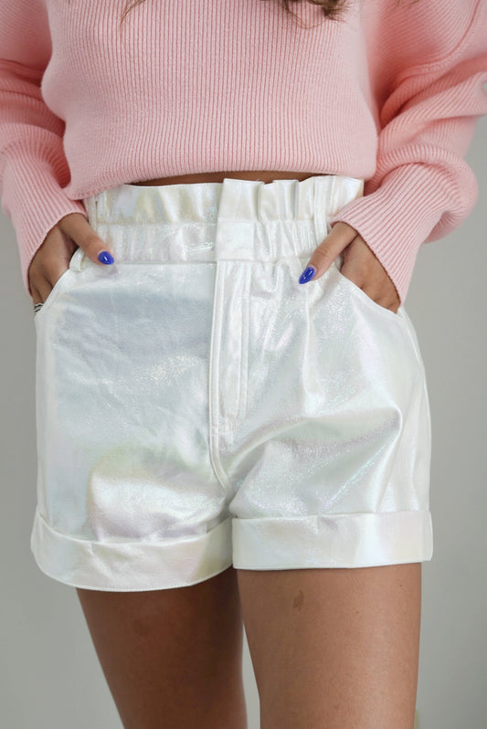 Clover Chrome Cuffed Shorts Elastic Waistband w/ Belt Loops Cuffed Legs Front and Back Pockets Ivory Chrome Color Relaxed Fit 100% Polyester Care: Hand wash cold, Do not bleach, Dry flat, Iron on low if needed